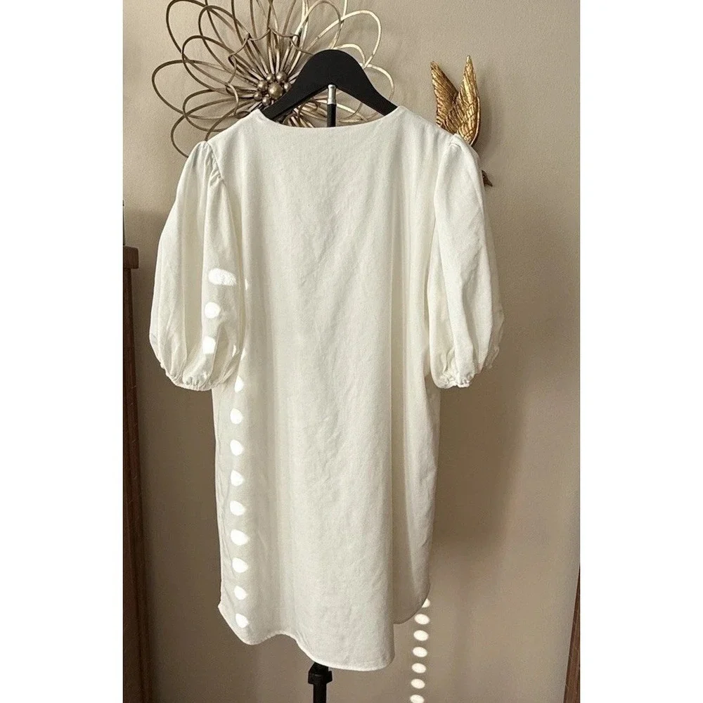 Chrysanthemum Linen Blend Mini‎ Dress Women M Ivory Puff Sleeve Lace Up Cottage